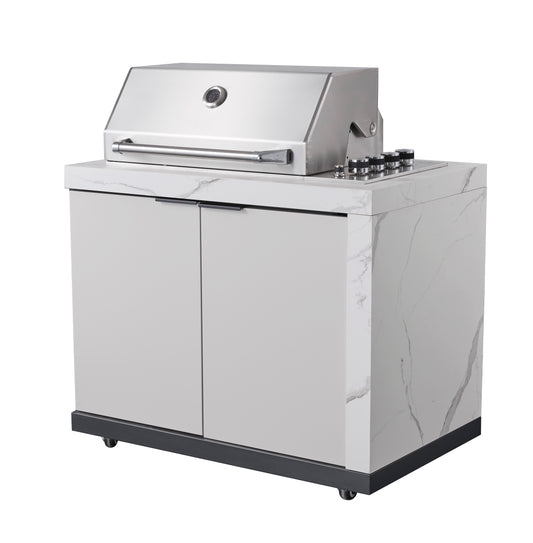 Rockpool White RHS Compact Series 4B Raised Hood BBQ Kitchen | 3 Drawers, Castors, Weather-Resistant, Stone Benchtops