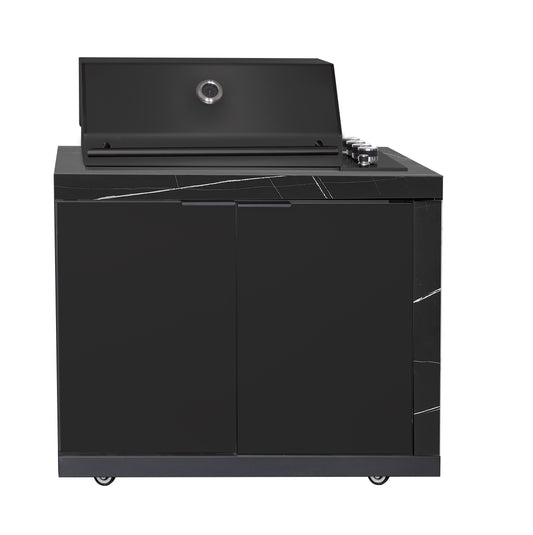 Rockpool Black RHS Compact Series 4B Raised Hood BBQ Kitchen | 3 Drawers, Castors, Weather-Resistant, Stone Benchtops