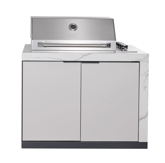 Rockpool White RHS Compact Series 4B Raised Hood BBQ Kitchen | 3 Drawers, Castors, Weather-Resistant, Stone Benchtops