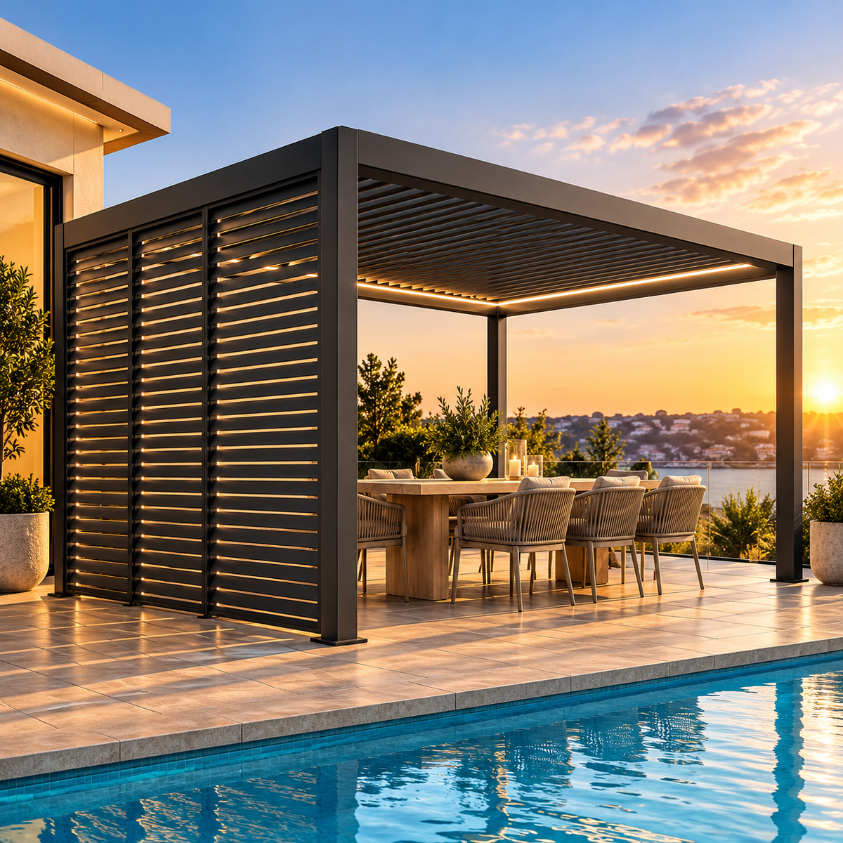 GazeboMate Louvered Gazebo + Aluminium Privacy Side Wall – Monument Charcoal