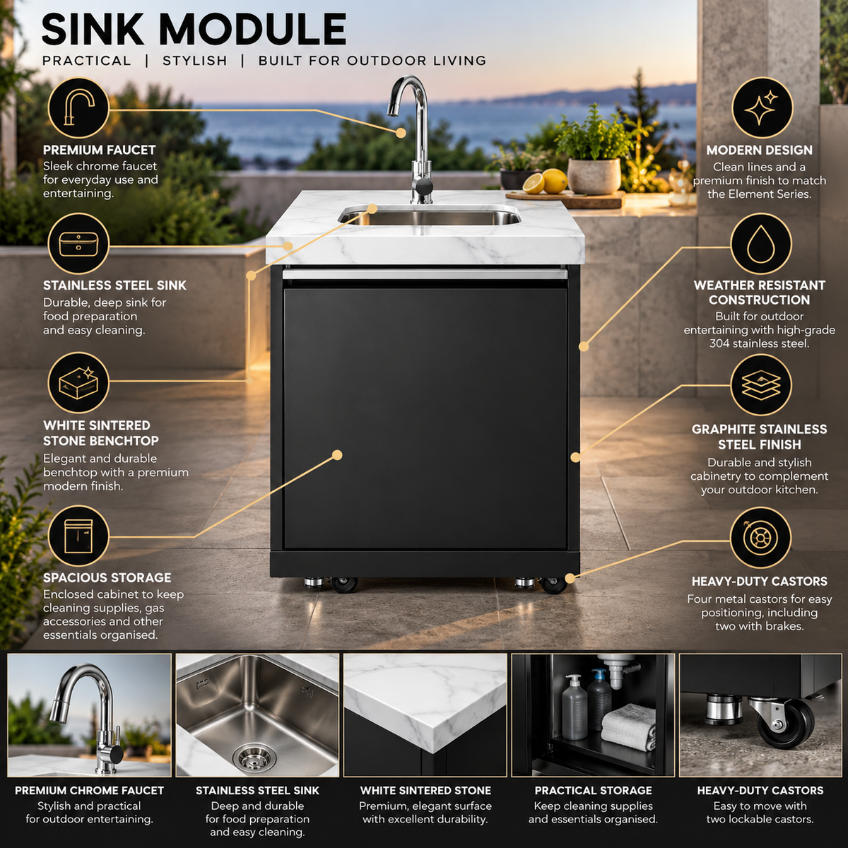 Grill King Element Twin Hood 8 Burner Outdoor BBQ Kitchen – Graphite Stainless Steel & White Sintered Stone