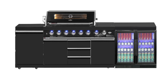 Kingsley 6-Burner Outdoor BBQ Kitchen Package Inc Black Stainless Steel, Stone Benchtop, Rotisserie, Covers, Pre Assembled 3M | 2DR Fridge & 1DR Cupboard
