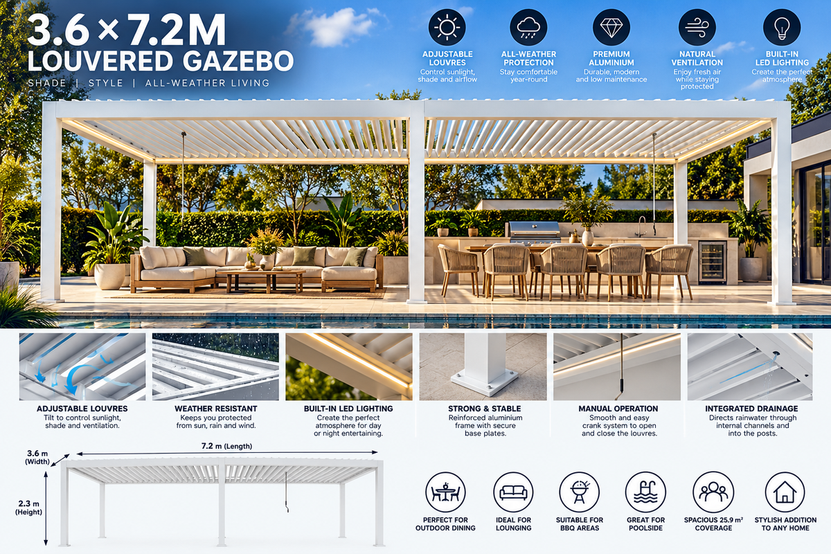 GazeboMate 3.6m × 7.2m White Aluminium Louvered Gazebo – Adjustable Roof Pergola