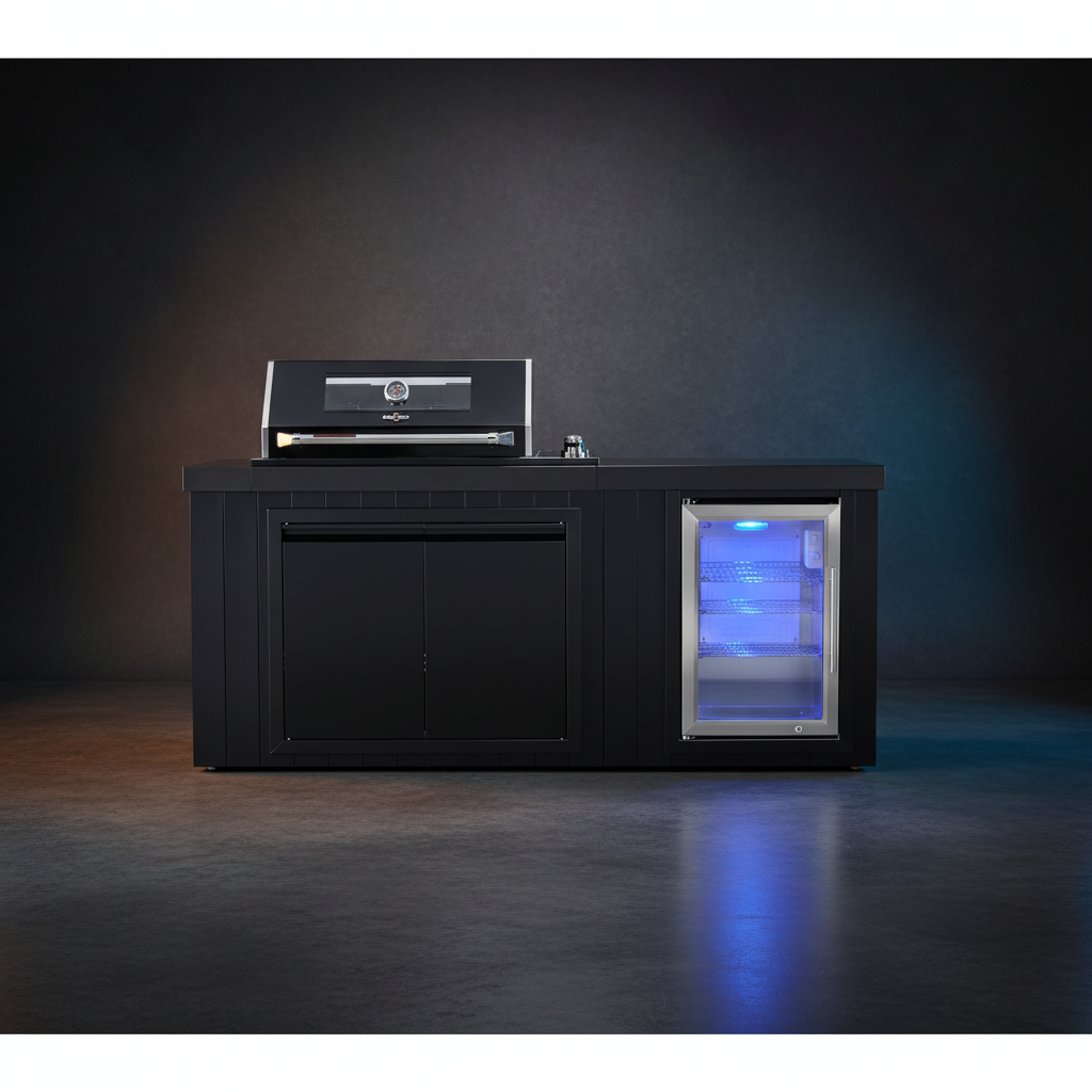 Grill King Signature Outdoor BBQ Kitchen – 4 Burner Built-In BBQ with Bar Fridge | Matte Black Aluminium & Stone Benchtop