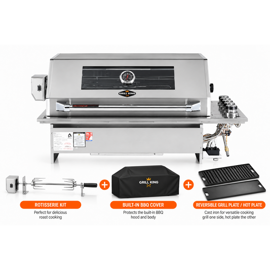 Grill King 4 Burner Drop-In BBQ – Flat Hood | 304 Stainless Steel, Cast Iron Cooking Plates & LED Controls