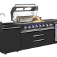 Kingsley 6-Burner Outdoor BBQ Kitchen + 188L Kegerator : Black Stainless Steel, Stone Bench, Fridge, Sink, Height Adjustable, Rotisserie with BBQ Cover