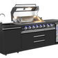 Kingsley 6-Burner Outdoor BBQ Kitchen: Black Stainless Steel, Stone Bench, Fridge, Sink, Height Adjustable, Rotisserie with BBQ Cover