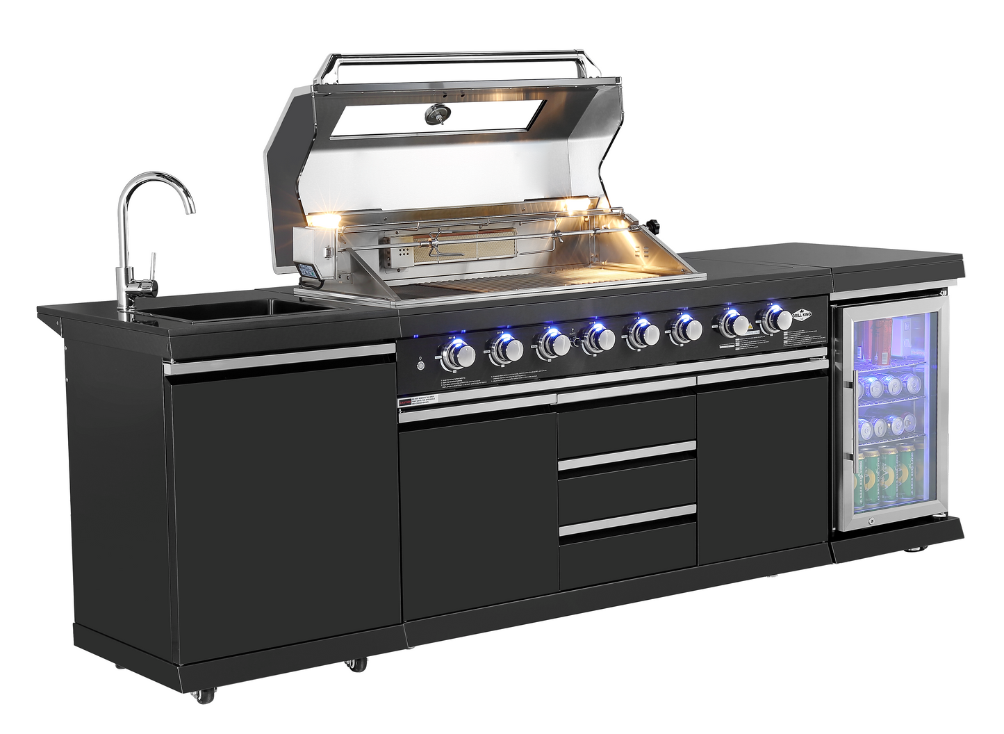 Kingsley 6-Burner Outdoor BBQ Kitchen + 188L Kegerator : Black Stainless Steel, Stone Bench, Fridge, Sink, Height Adjustable, Rotisserie with BBQ Cover