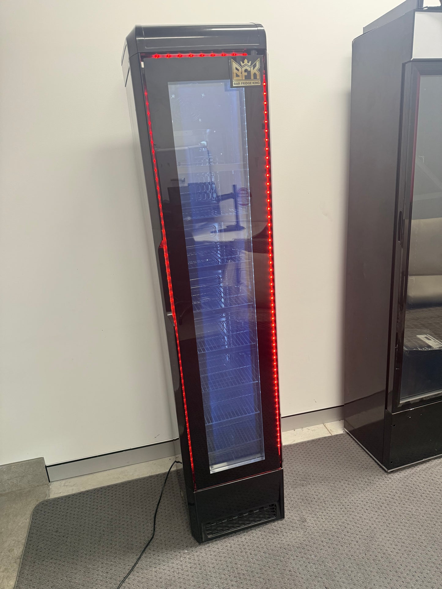 Floorstock Tropical Rated Triple Glazed 135L Commercial Skinny Upright Bar Fridge - Single Door, Black Stainless Steel, Red LED Lighting for Wine & Beverages