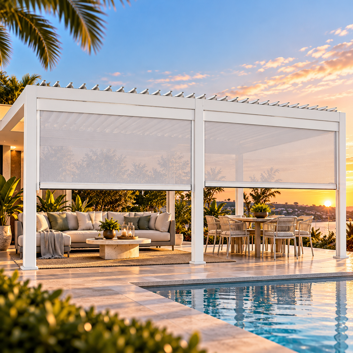 GazeboMate 3.6m × 7.2m Aluminium Louvered Gazebo + Retractable Privacy Screen – White