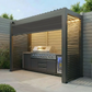 Grill King Outdoor BBQ Shelter Package – 6 Burner Charcoal BBQ Kitchen, Fridge & Sink + Freestanding Aluminium Louver Roof with LED Lighting & Privacy Blind