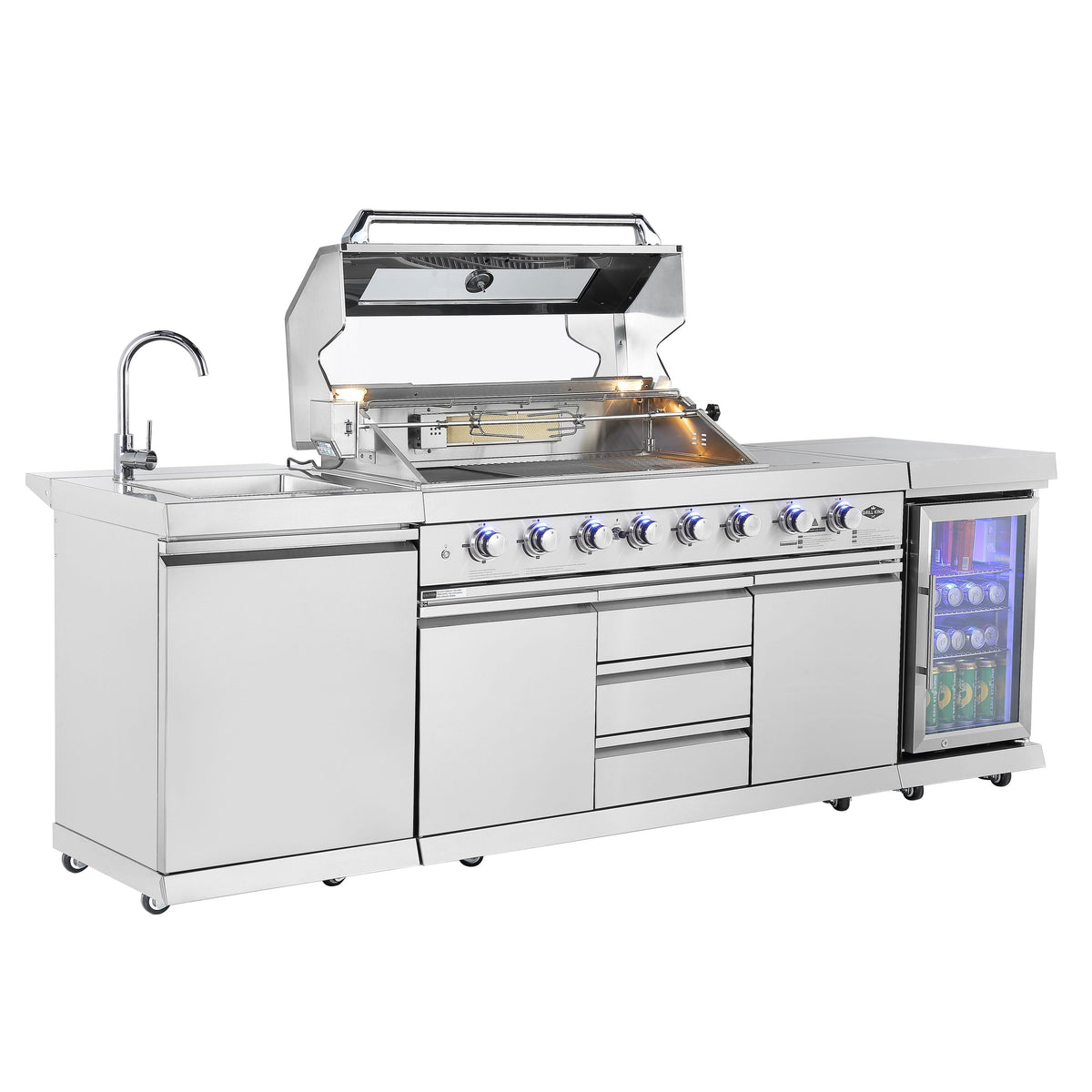 Hurricane 6-Burner Outdoor Kitchen: Stainless Steel, Fridge, Sink, Wok & Rear Infrared Burner