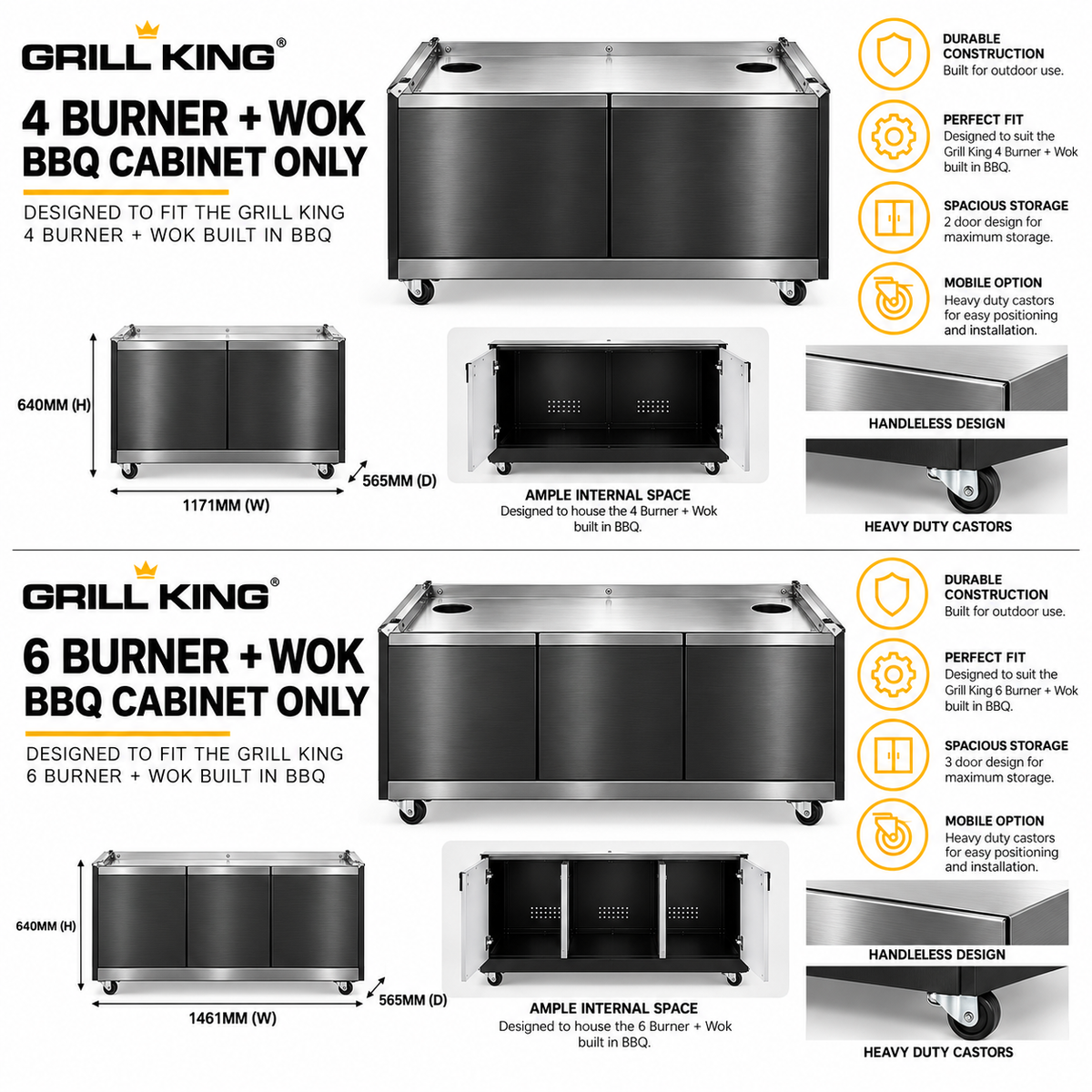 Grill King Outdoor BBQ Cabinet Module | Kingsley Black Stainless Steel Finish Suits 4& 6 Burner Built In BBQs