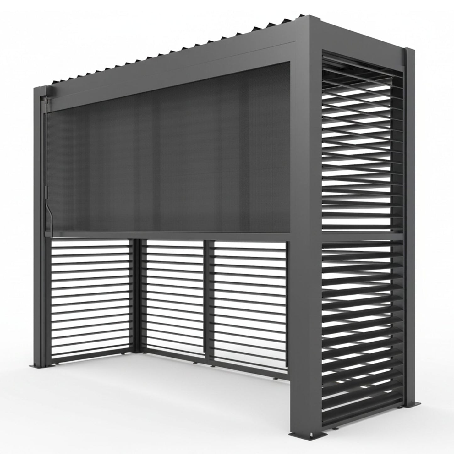 Grill King Outdoor BBQ Shelter Package – 6 Burner Charcoal BBQ Kitchen, Fridge & Sink + Freestanding Aluminium Louver Roof with LED Lighting & Privacy Blind