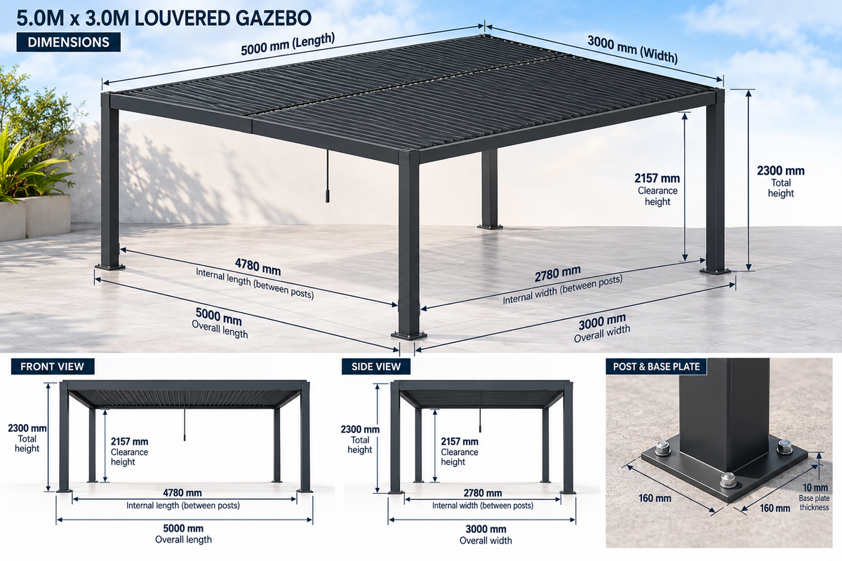 GazeboMate 4m × 5m Monument Aluminium Louvered Gazebo + Retractable Privacy Screen Combo