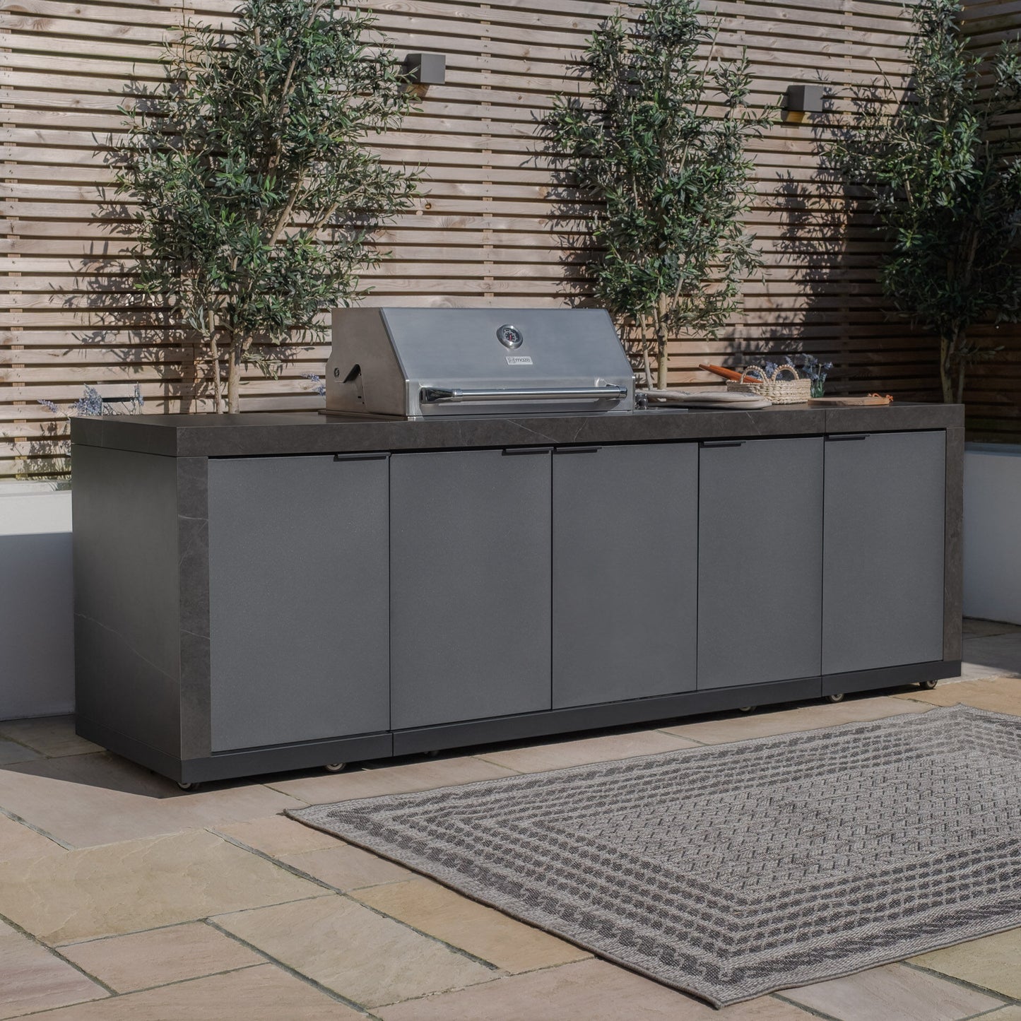 Grill King Outdoor BBQ Shelter Package – 3.1M BBQ 6 Burner Drop In BBQ Kitchen + Freestanding Aluminium Louver Roof with LED Lighting & Privacy Blind