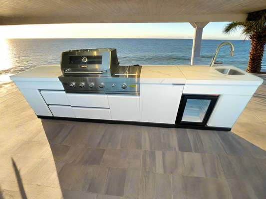 Floor Stock White 4B + Wok Felix BBQ Kitchen with Storage, Fridge & Sink + Additional Storage Cabinet