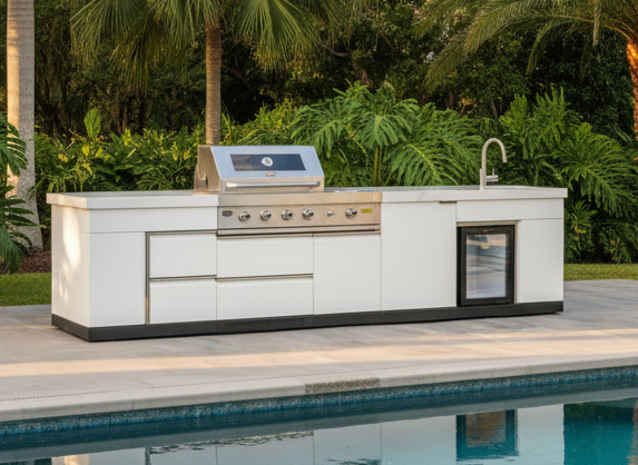 Floor Stock White 4B + Wok Felix BBQ Kitchen with Storage, Fridge & Sink + Additional Storage Cabinet