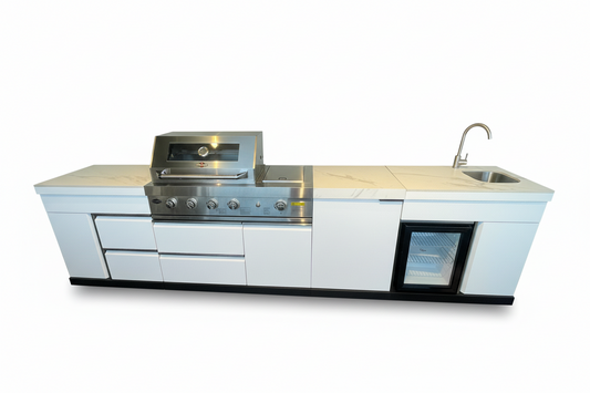 Floor Stock White 4B + Wok Felix BBQ Kitchen with Storage, Fridge & Sink + Additional Storage Cabinet