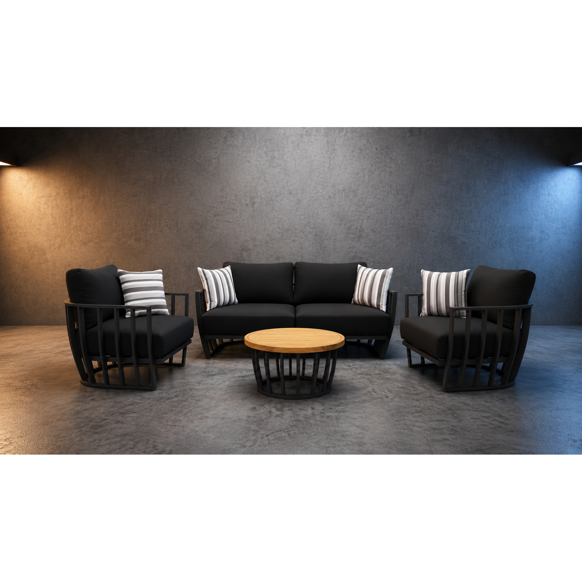 Black Maximus Aluminium Outdoor 4 Piece Lounge Set | Black Aluminium + Cusions