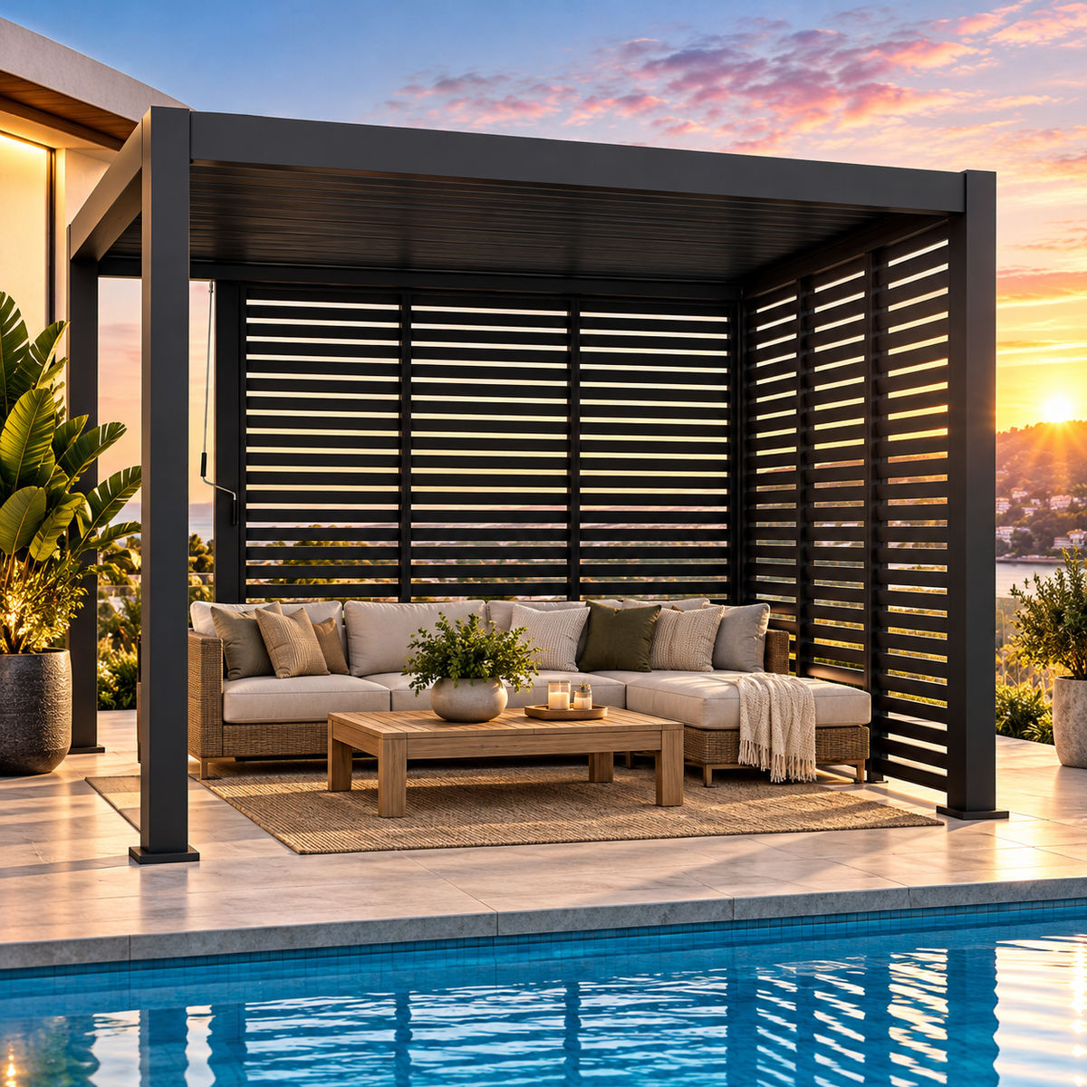 GazeboMate Louvered Gazebo + Aluminium Privacy Side Wall – Monument Charcoal