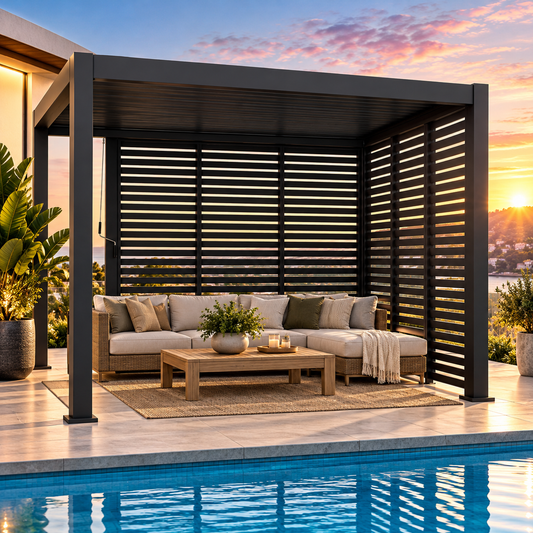 GazeboMate Louvered Gazebo + Aluminium Privacy Side Wall – Monument Charcoal