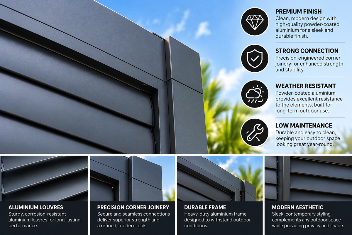 GazeboMate 3m Aluminium Louvered Pergola + Sliding Shutter Wall Combo – Monument