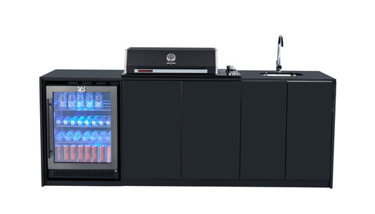 Grill King Signature Series Outdoor BBQ Kitchen Package | Black Stone Benchtop, Black Alloy Cabinets Inc 4 Burner Drop-In BBQ