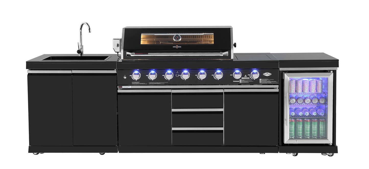 Kingsley 6-Burner Outdoor BBQ Kitchen: Black Stainless Steel, Stone Bench, Fridge, Sink, Height Adjustable, Rotisserie with BBQ Cover