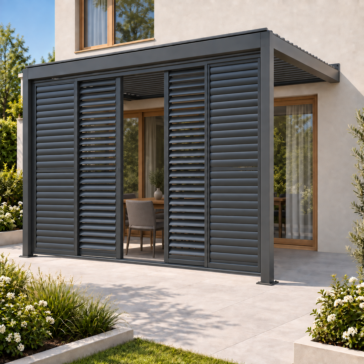 Wall Mounted 3x4M Louvered Gazebo Combo + Retractable Privacy Screen