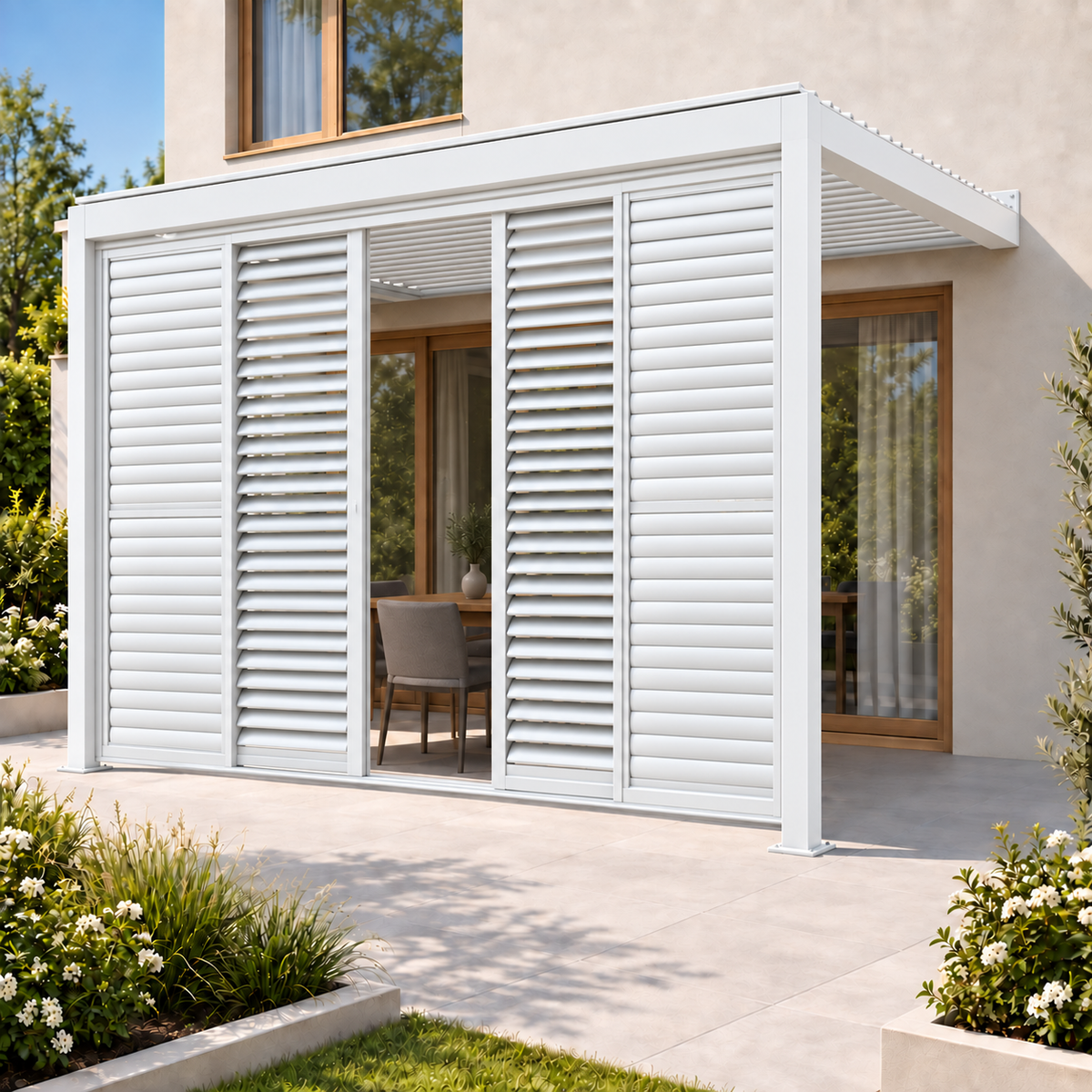 Wall Mounted 3x4M Louvered Gazebo Combo + Retractable Privacy Screen