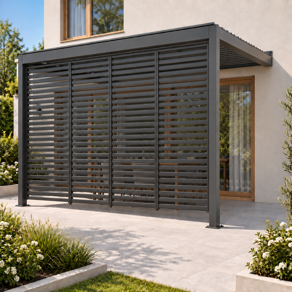 Wall Mounted 3x4M Louvered Gazebo Combo + Retractable Privacy Screen