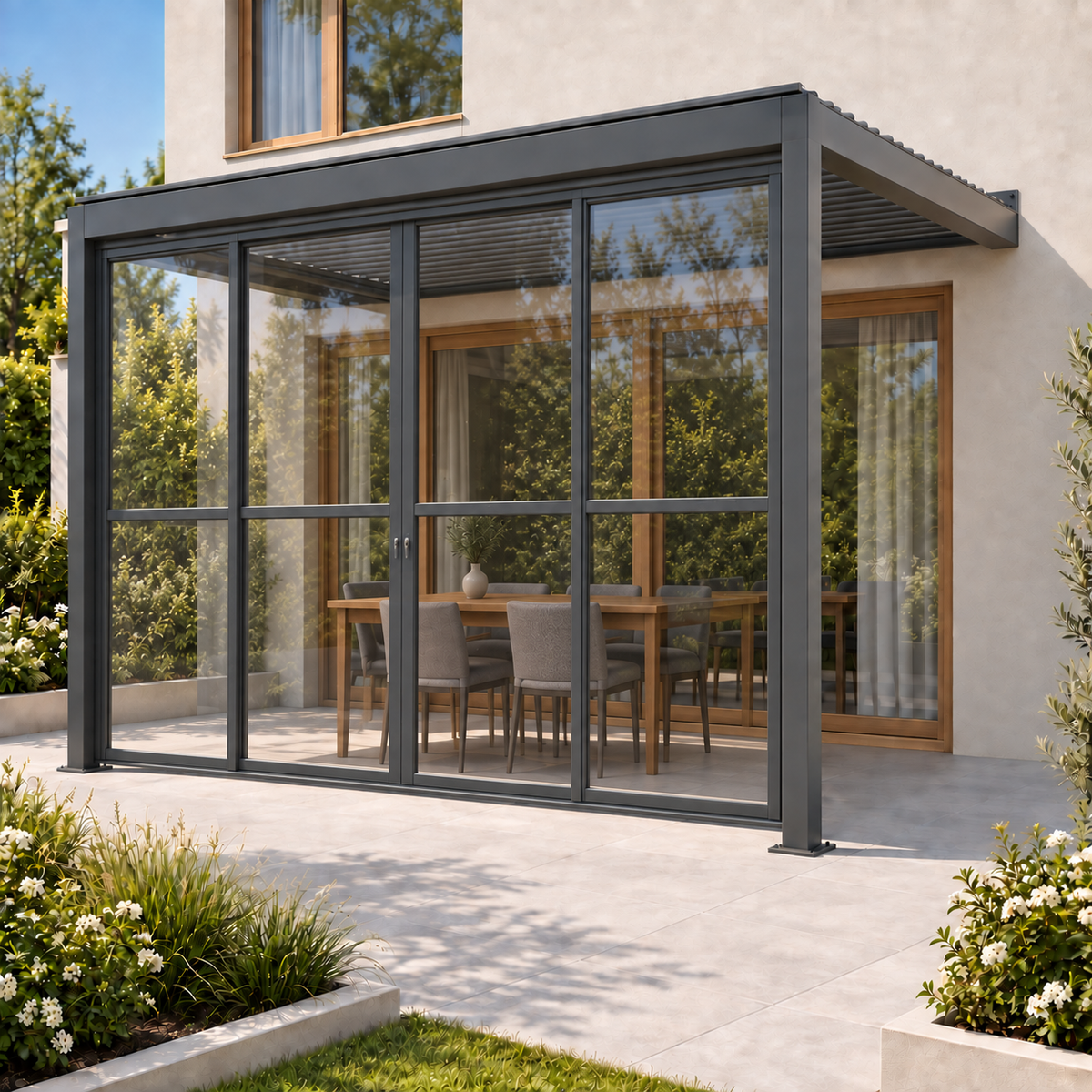 Wall Mounted 3x4M Louvered Gazebo Combo + Retractable Privacy Screen