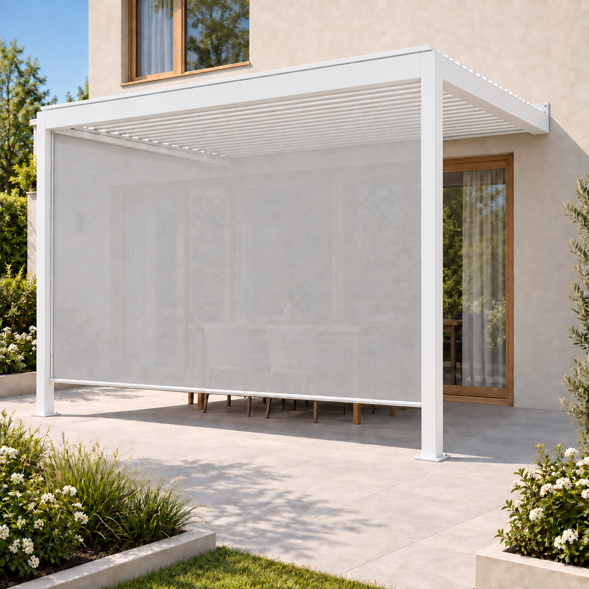 Wall Mounted 3x4M Louvered Gazebo Combo + Retractable Privacy Screen
