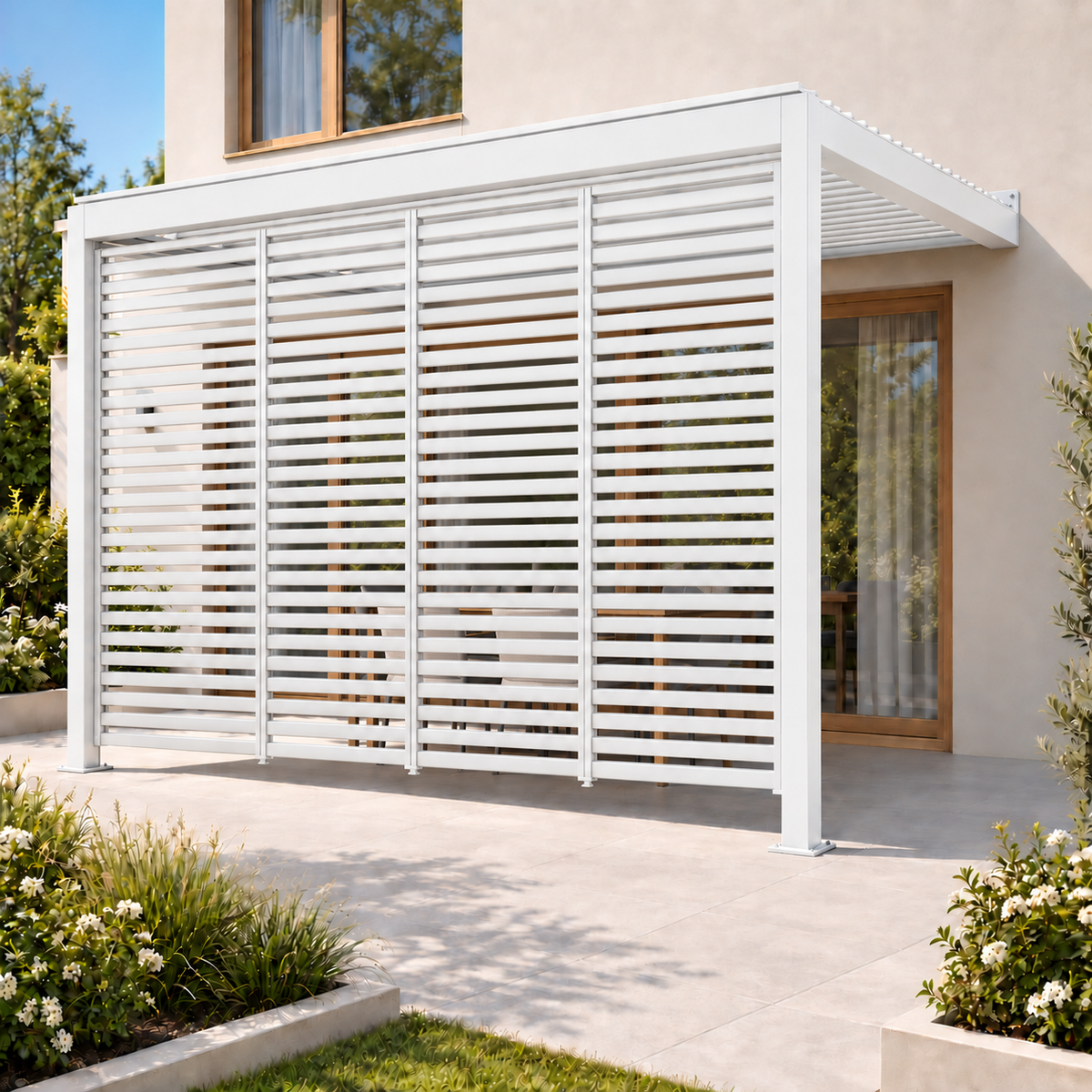 Wall Mounted 3x4M Louvered Gazebo Combo + Retractable Privacy Screen