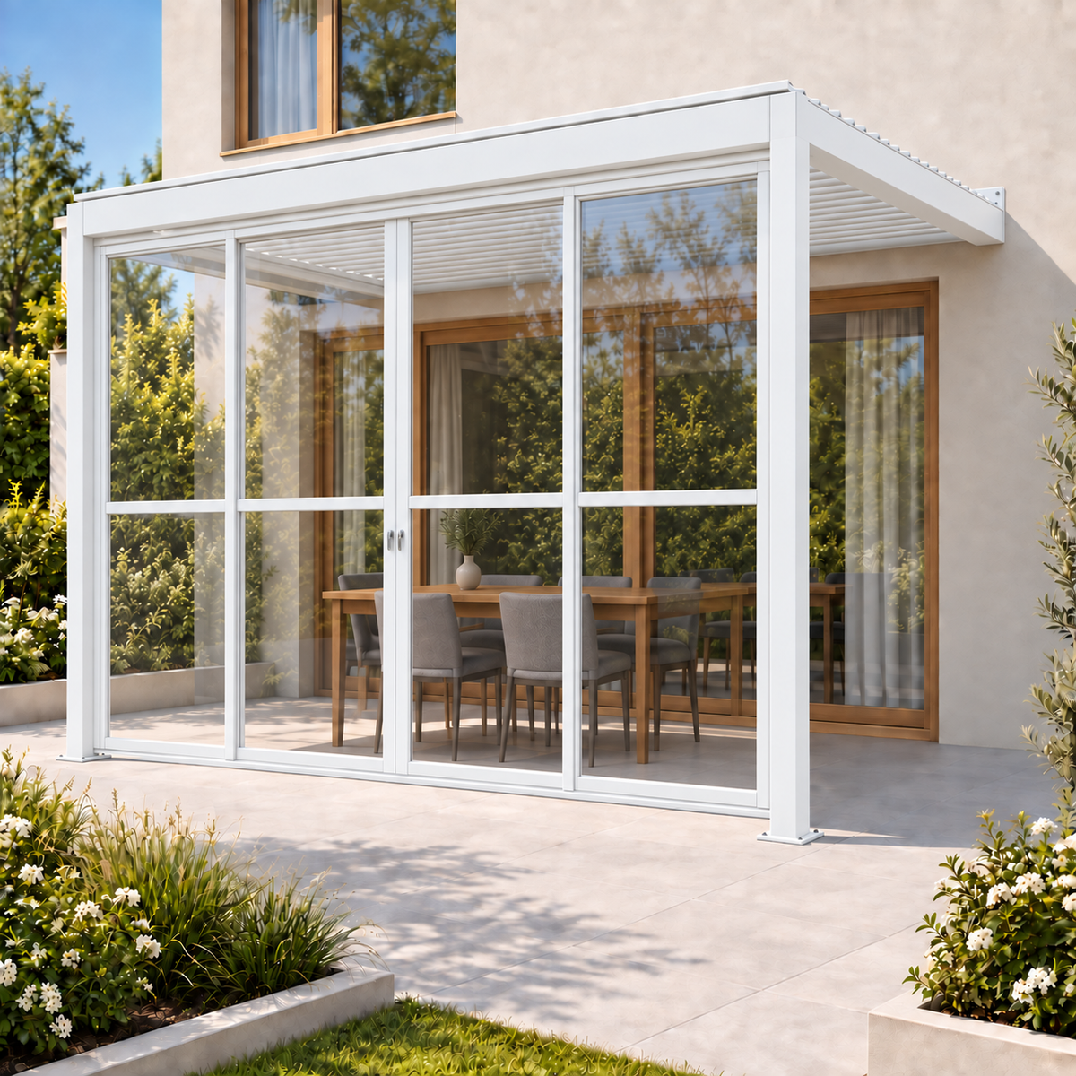 Wall Mounted 3x4M Louvered Gazebo Combo + Retractable Privacy Screen