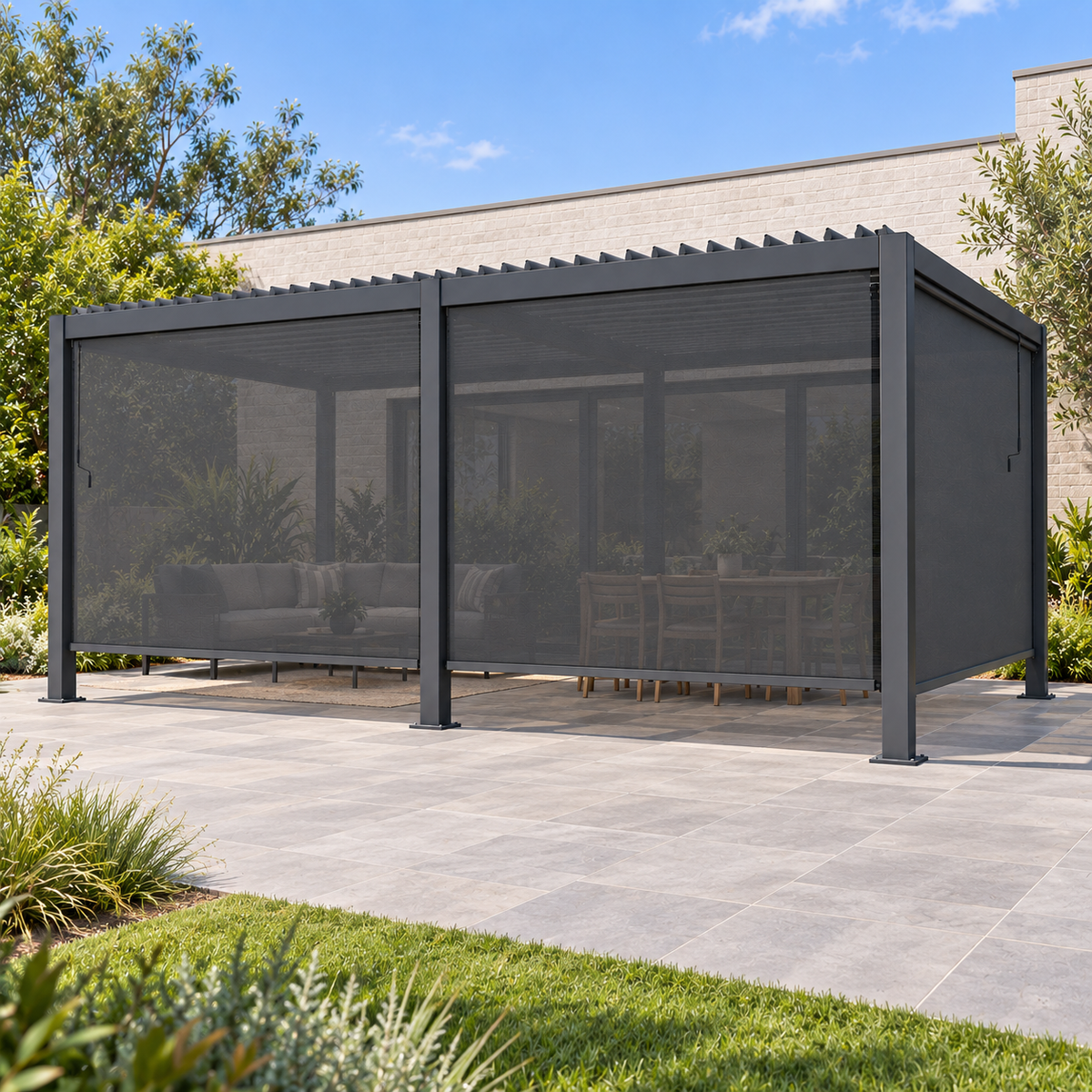 GazeboMate Combo: 3M x 6M Monument Aluminium Louvered Gazebo + Retractable Privacy Screen
