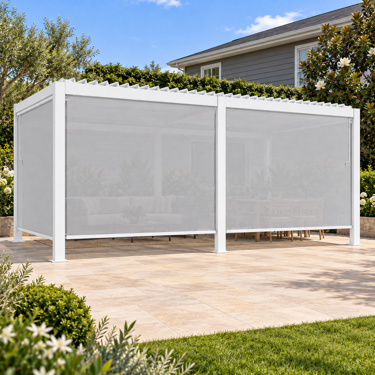 GazeboMate Combo: 3M x 6M White Aluminium Louvered Gazebo + Retractable Privacy Screen