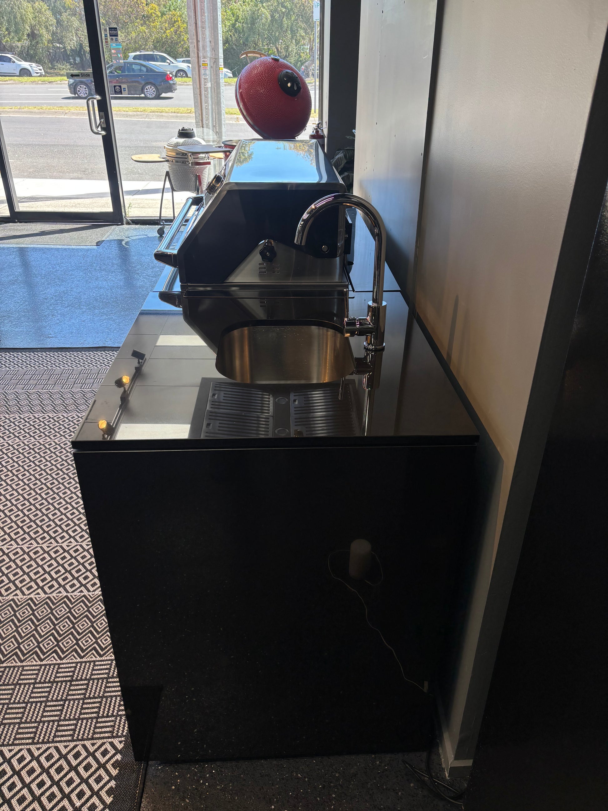 Grill King Signature Series 6 Burner Outdoor BBQ Kitchen Package – Black Stone Benchtop, Black Aluminium Cabinets, Built-In BBQ + Rotisserie