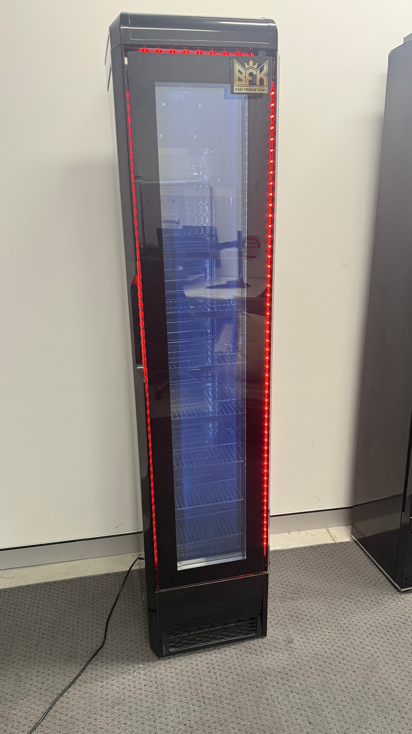 Floorstock Tropical Rated Triple Glazed 135L Commercial Skinny Upright Bar Fridge - Single Door, Black Stainless Steel, Red LED Lighting for Wine & Beverages