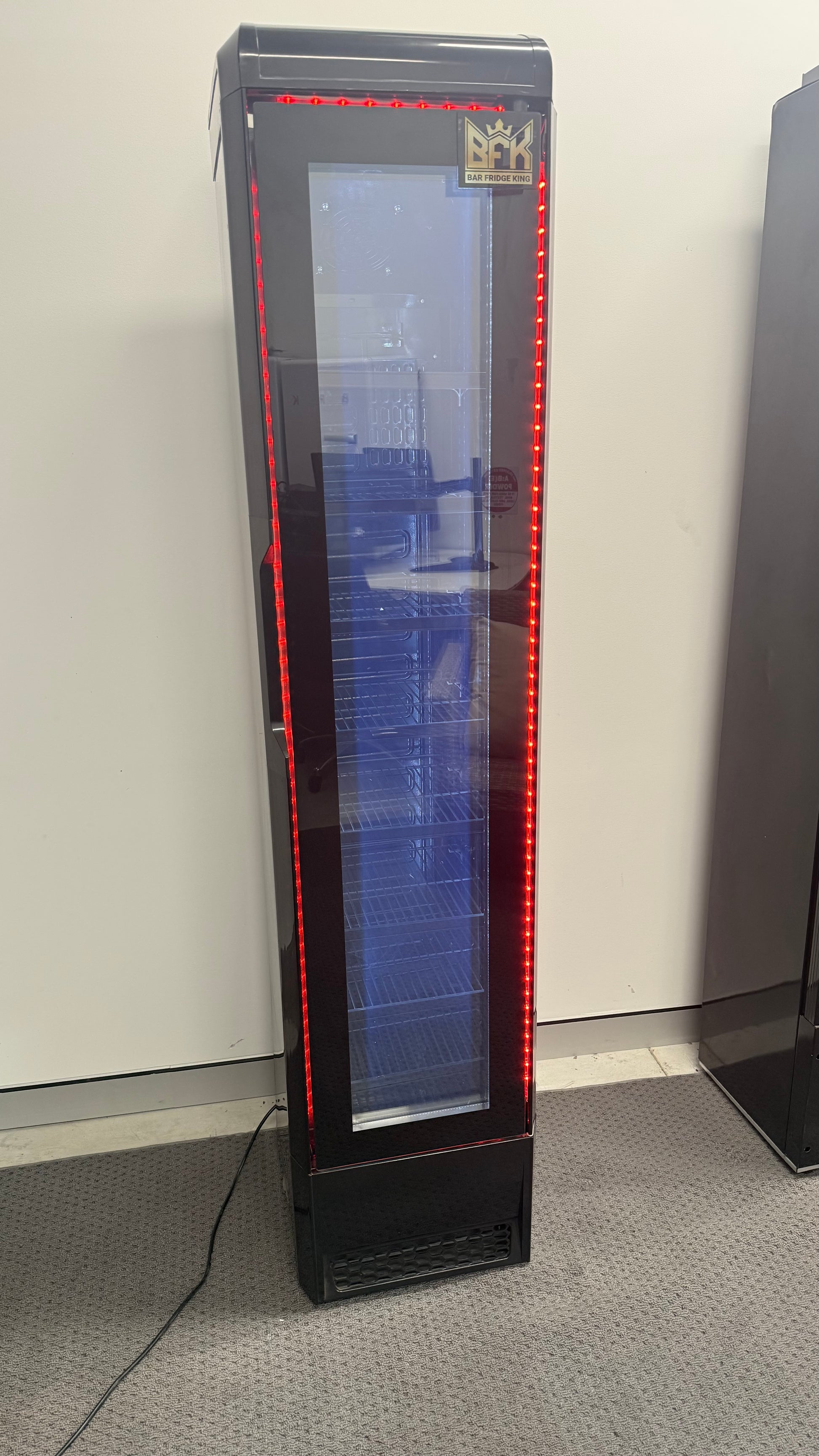 Floorstock Tropical Rated Triple Glazed 135L Commercial Skinny Upright Bar Fridge - Single Door, Black Stainless Steel, Red LED Lighting for Wine & Beverages