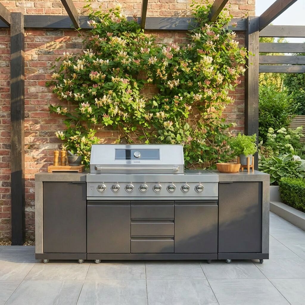 Grill King Outdoor BBQ Shelter Package – 6 Burner Charcoal BBQ Kitchen, Fridge & Sink + Freestanding Aluminium Louver Roof with LED Lighting & Privacy Blind