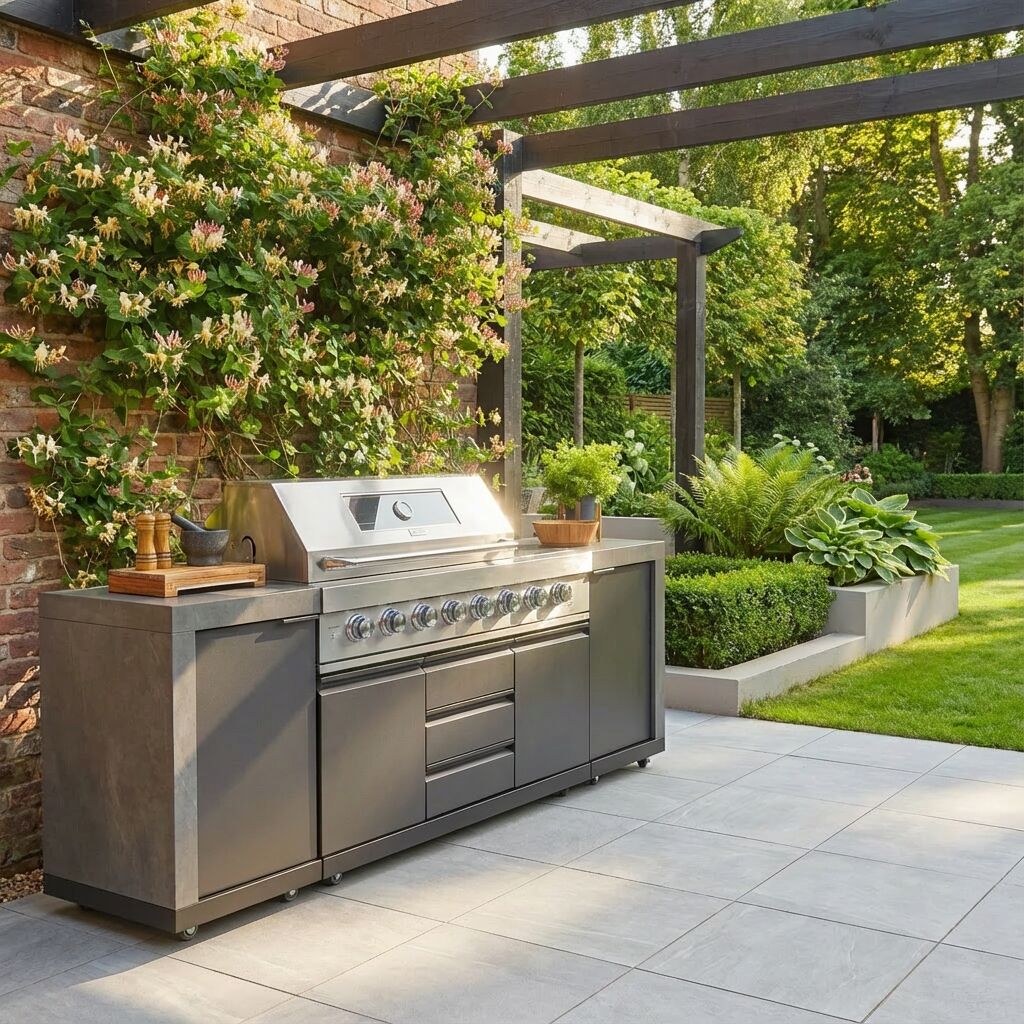 Grill King Outdoor BBQ Shelter Package – 6 Burner Charcoal BBQ Kitchen, Fridge & Sink + Freestanding Aluminium Louver Roof with LED Lighting & Privacy Blind