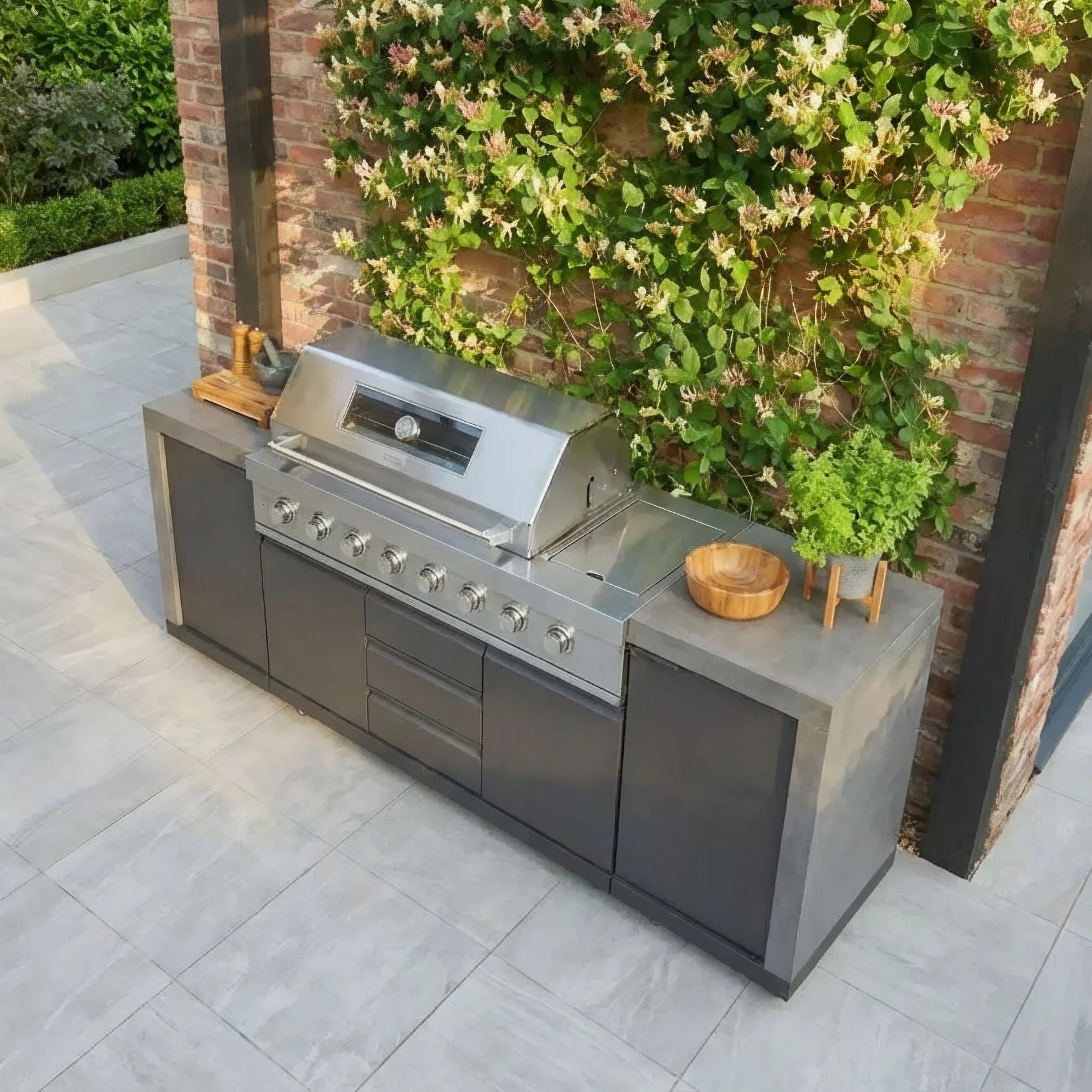 Grill King Outdoor BBQ Shelter Package – 6 Burner Charcoal BBQ Kitchen, Fridge & Sink + Freestanding Aluminium Louver Roof with LED Lighting & Privacy Blind