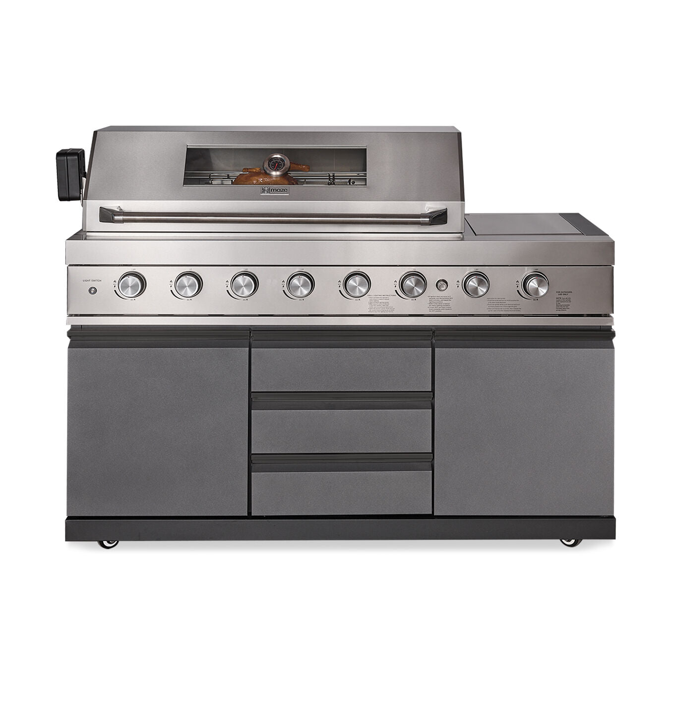 Grill King Outdoor BBQ Shelter Package – 6 Burner Charcoal BBQ Kitchen, Fridge & Sink + Freestanding Aluminium Louver Roof with LED Lighting & Privacy Blind