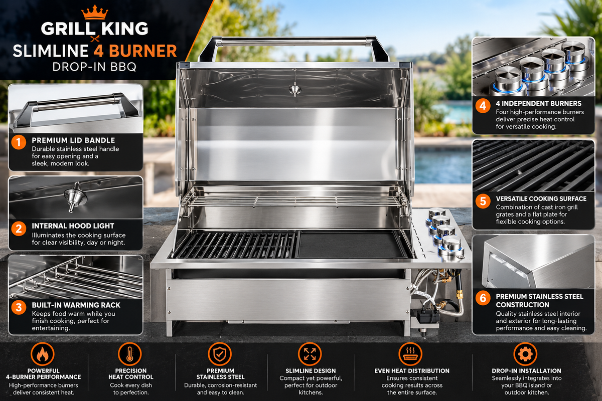 Grill King Slimline 4 Burner Drop-In BBQ – Silver Stainless Steel