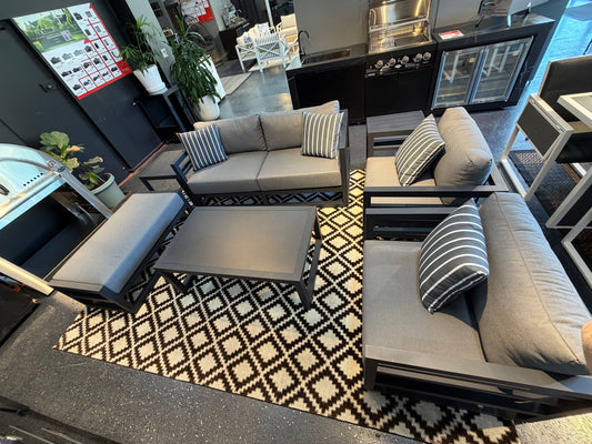 Floor Stock Black Maximus Aluminium Outdoor 4 Piece Lounge Set | Black Aluminium + Cusions