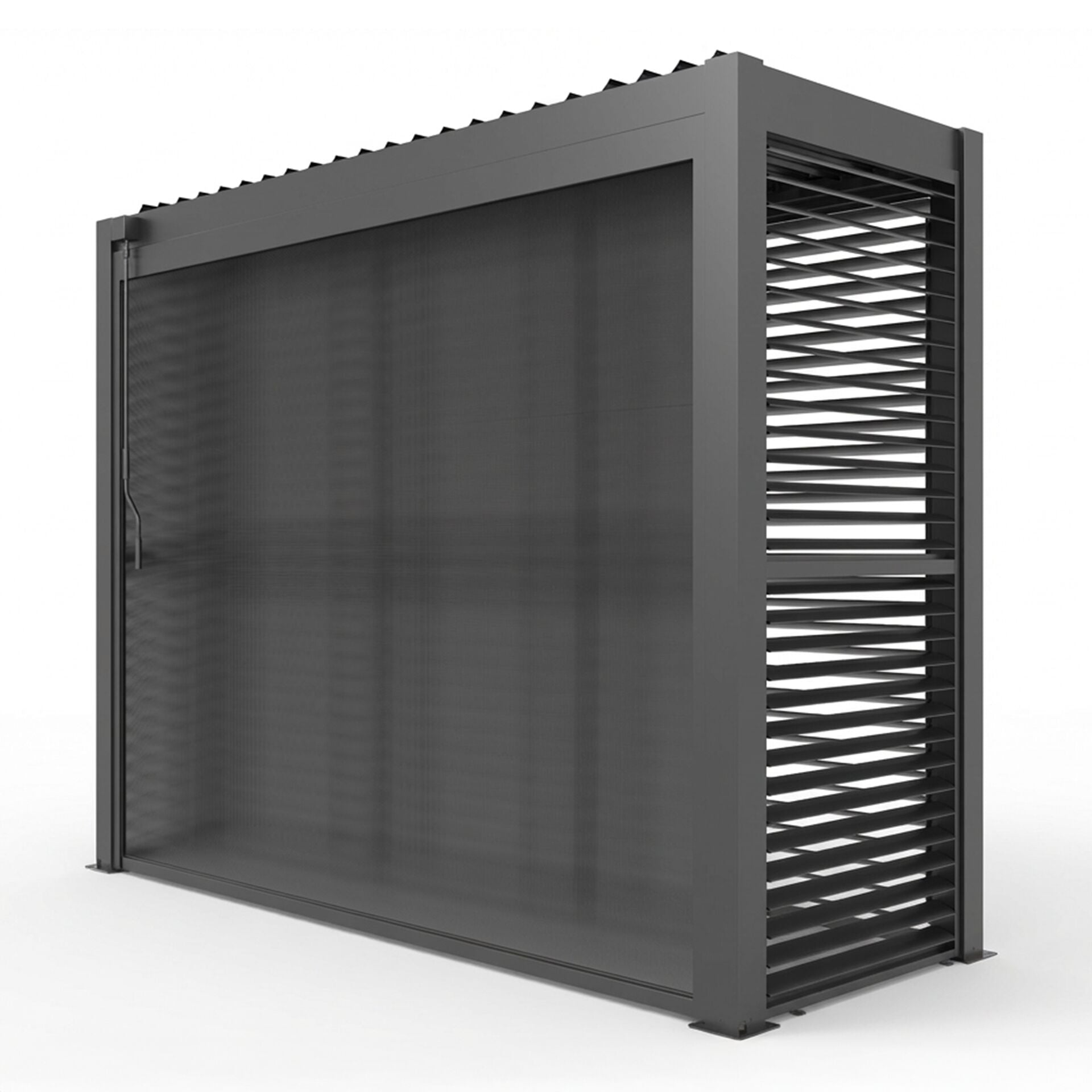 Grill King Outdoor BBQ Shelter Package – 6 Burner Charcoal BBQ Kitchen, Fridge & Sink + Freestanding Aluminium Louver Roof with LED Lighting & Privacy Blind