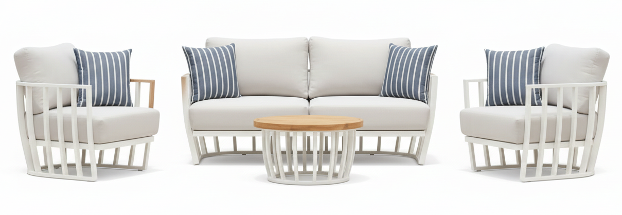 Maximus Hampton-Style 4-Piece Outdoor Lounge Set – White Aluminium + Ultra-Soft White Cushion