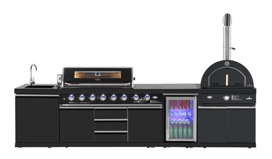 Kingsley 304 Black Stainless Steel 6 Burner Outdoor Kitchen w/ Fridge, Sink & Gas Pizza Oven Bundle